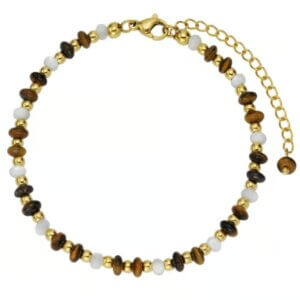 Goldfarbiges Damenarmband aus Edelstahl mit Tigerauge-Steinen und weissen Muschelperlen, verstellbar