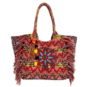 Mitra Boho Shopper Tasche mit farbigem Ethno-Muster, Stickerei und Fransen aus Baumwolle
