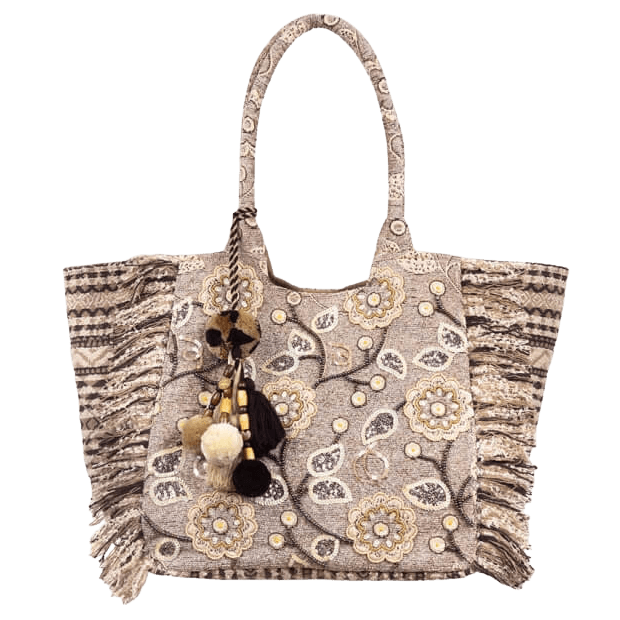 Boho Shopper Anya Tasche aus Leinen und Baumwolle mit handgestickten Blumen und Perlenstickerei