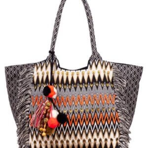 Naina Boho Shopper Tasche mit Ethno-Muster, Fransen und Quasten aus Baumwolle