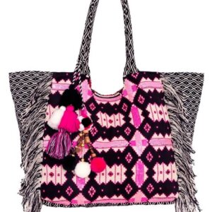 Valea Boho Shopper mit pinker Stickerei, Fransen und Quastenanhänger aus Baumwolle