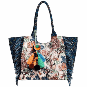Nikara Boho Shopper mit floralem Muster, Fransen und buntem Quastenanhänger